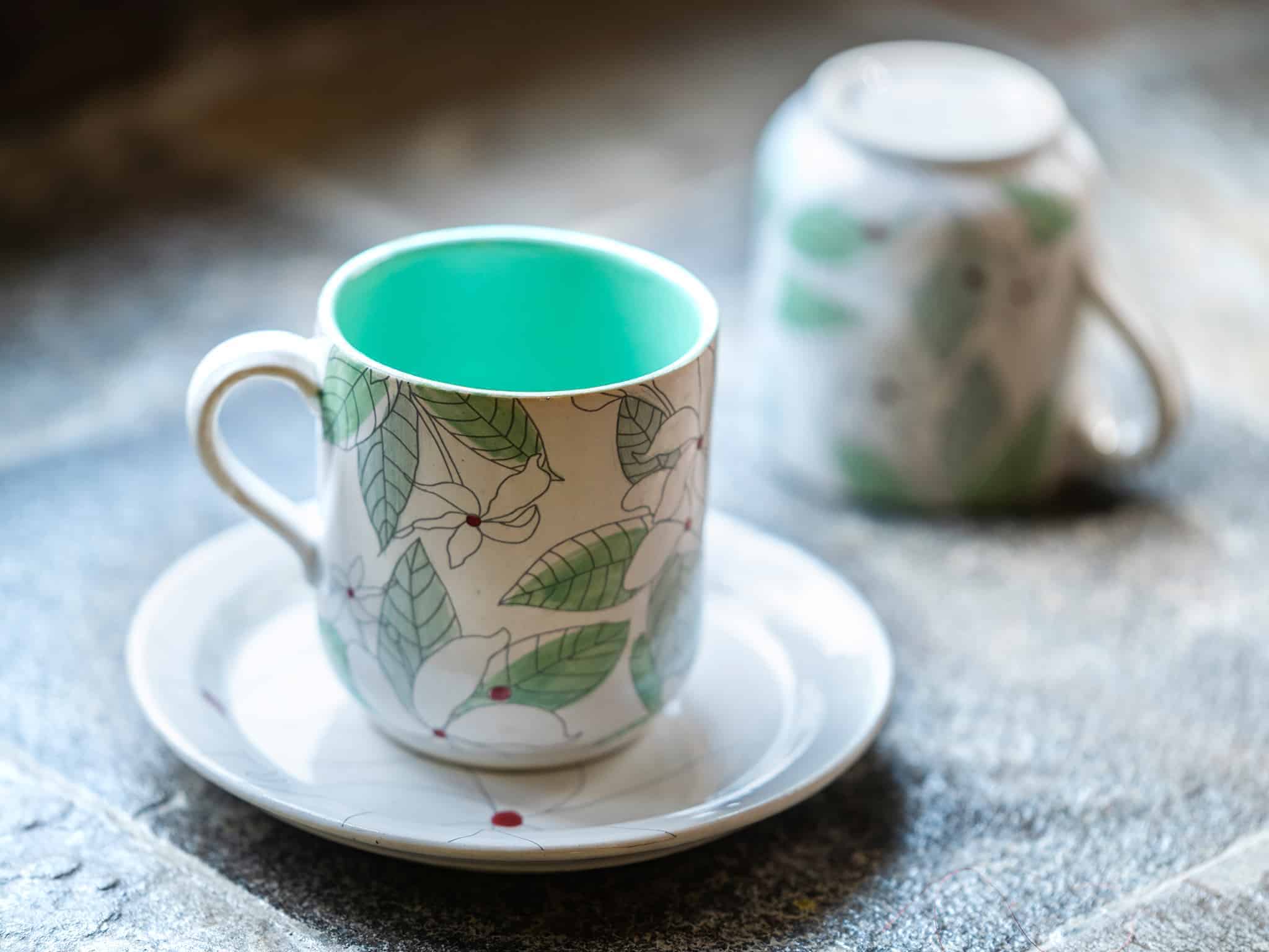 Chai, the Stoneware Teacup & Saucer Set - Teal & Green